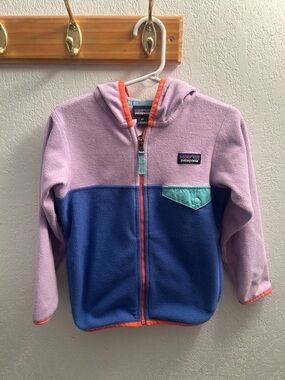 55. Patagonia Kids Fleece Hoodie in Lavender, Blue & Teal with Coral Trim